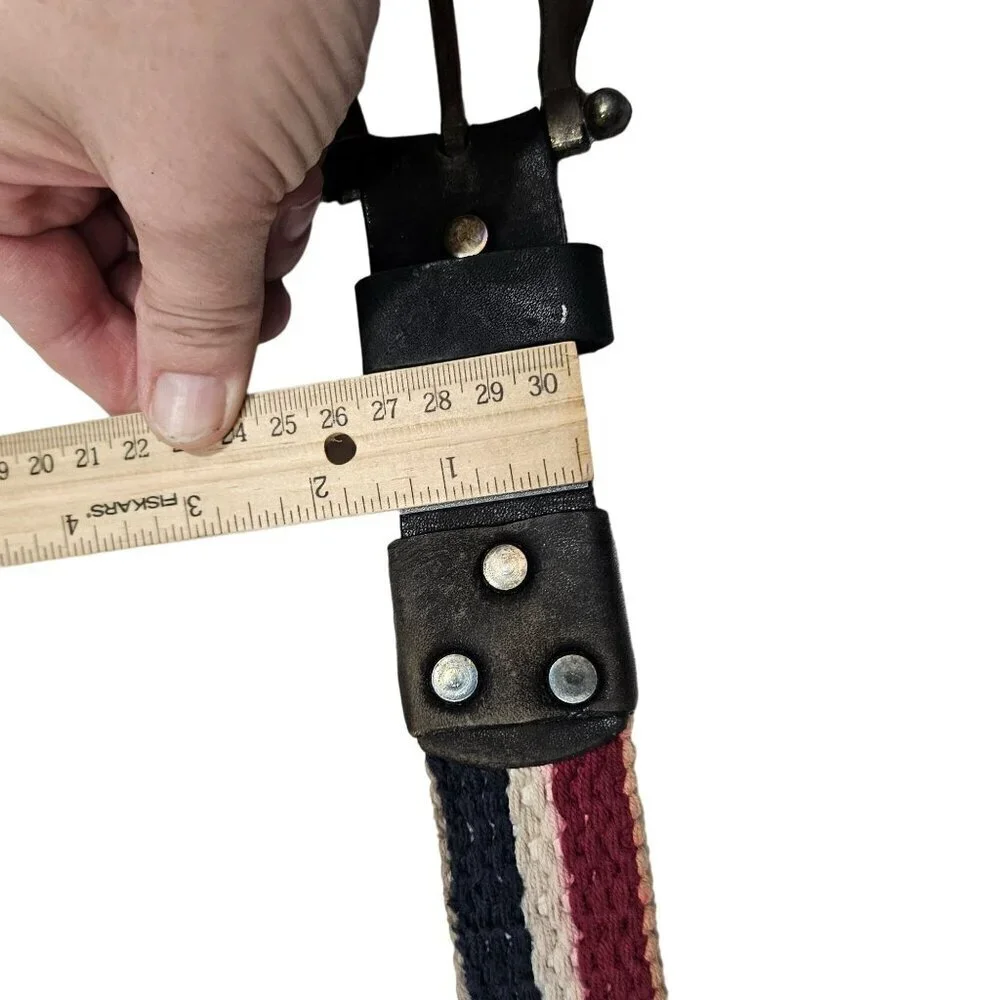 Vintage Leather‎ & Woven Fabric Belt With metal Buckle sz 34 red white blue